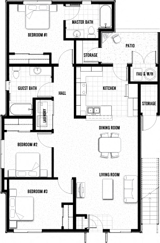 Floor plan for 3 beds, 2 baths, 1181 sqft